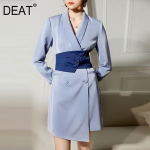 DEAT summer and spring fashion V-neck waist seal asymmetrical double breasted high waist slim suit dress WR30505L 210428