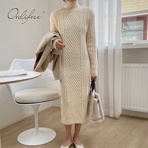 Autumn Winter Women Knitted Long Sleeve Casual Sexy Slit Turtleneck Sweater Dress 210415