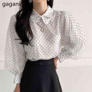 Chic Coreano Mulheres Blusa Primavera Outono Puff Manga Bolinhas Moda Camisa Sólida Escritório Senhora Elegante Slim Blusas 210601