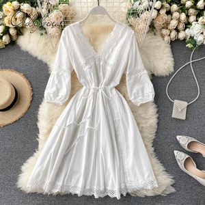 Ordifree sommar boho kvinnor vit party klänning spets virka hollow out tunika strand casual klänningar