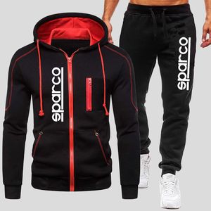 Men's Sparco Tracksuits Winter Zipper Hoodie and Jogging Trouser suits Windproof Motorcycle Clothing Solid Color Running Suits 220211