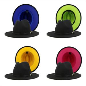 Kvinnor män fedora hattar jazz panama kepsar patchwork artificiell ull filt hatt bälte spänne dubbel färg platt bred brim cap damer trilby chapeau