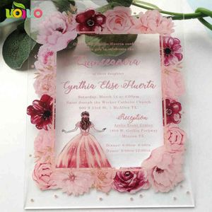 Carta acrilica con biglietto d'invito Quinceanera fiore stampato colorato, biglietto d'invito compleanno con scritte personalizzate con stampa acrilica H1231