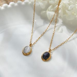 Pendant Necklaces Natural Stone Black And White Cat's Eye Velvet Luster Oval Retro Clavicle Chain Titanium Steel Plated Gold Color Preservat