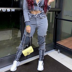 Fashion Pencil Byxor Patchwork Skinny Women's High Waist Jeans Slim Ladies och Top Set Denim Trousers