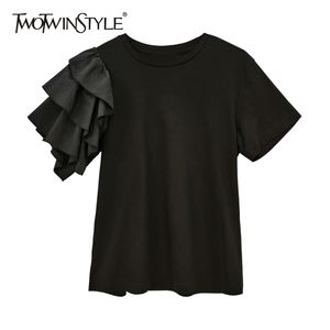 Black Joker Tops For Women O Neck Short Sleeve Patchwork Ruffle Casual T Shirt Female Summer Fashion Clothing 210524