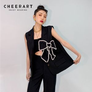 Koreańska kamizelka bez rękawów Kurtki dla kobiet Black Pearl Bow Blazer Button Up Waistcoat 210427