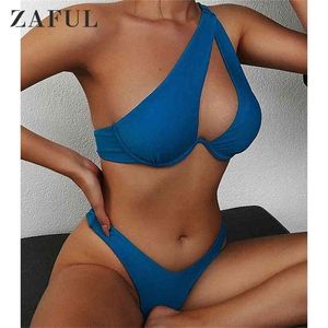 En axel bikini set o-ring cutout högklippta brasilianska Biquini badkläder kvinnor vadderad solid sexig femme beachwear swimsuit 210621