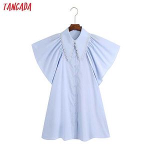 Tangada sommar kvinnor spets krage blå tröja klänning bat kort ärm kvinnor mini klänningar vestidos 6Z92 210609