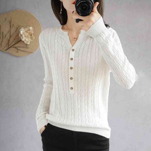 Baresskiy Kvinnors Toppar Pure Color Slim Korean Cotton Sweater V-Neck Kort Stretch Pullover Base Tröja Dam Jacka 210812