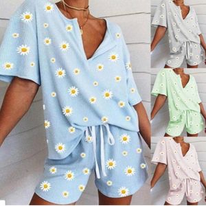 Kvinnors Sleepwear Daisy Floral Print Kort uppsättning Pyjamas För Kvinnor Pajama Set Söt Kortärmad T-shirts Shorts Sommar Pijama x0526
