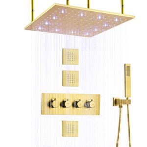 Borstat guld regnduschblandare 20 tum led badrum termostatiska duschar kombination med handhållet munstycke