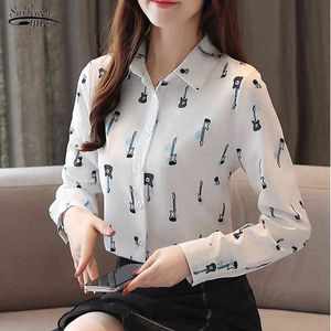 Camicia a maniche lunghe con stampa di violino a maniche lunghe Camicia da donna con cardigan allentato da ufficio e top Blusas Mujer De Moda 8362 50 210508