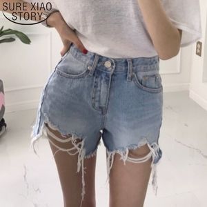 Mode sommar kvinnor shorts solid sexig plus storlek dam hög midja tvättade hål borstade denim byxor 8751 50 210508