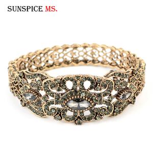 Sunspicems Full Grey Crystal Flower Bangle Turkish Cuff Bracelet for Women Antique Gold Color Ethnic Wedding Jewelry Bridal Gift Q0719