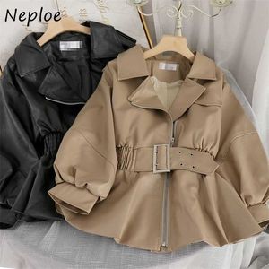 Neploe Fashion Faux Leather PU Coat Stile coreano Turn-Down Collar Slim Outwear Full Autumn Women Jacket con cintura 211014