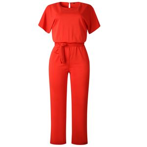 Women Jumpsuit with Waist Belt Short Sleeve Elegant Summer Casula Fashion Lady Overall Playsuit Pink Black Red Yellow Plus Size 210416