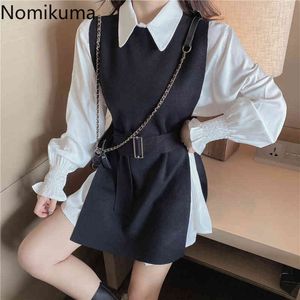 Nomikuma Mulheres Elegantes Duas Peças De Conjuntos de Blusa Médio-Longo Camisa + Belst Slim Tricotado Vest Primavera Coreana Novas Roupas 6E090 210427