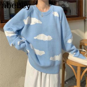 Koreański Cartoon Cloud Kobiety Sweter Chic Causal Oversized Krojenia Pullover Topy Jesień Pull Skoczków 6B805 210602