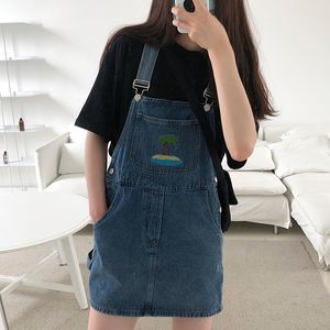 SML korean style Spring summer women vintage high waist straps denim dess female A line mini jeans dress womens (78337 210423