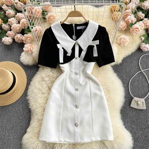 Koreanska kvinnors sommar mode kontrast stygn docka krage kortärmad mini klänning kläder hajuku vestido de mujer s653 210527