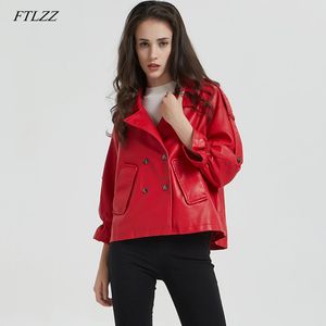 Pu Leather Jacket Women Double Breasted Flare Sleeve Short Jackets Lady Red Black Bomber Basic Outwear 210423