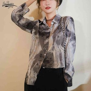 Koreański Drukuj Koszula Kobieta Casual Z Długim Rękawem Szyfonowa Bluzka Kobiety Przycisk Cardigan Odzież damska Blusas Mujer 11237 210508