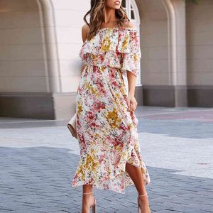 Spring Summer Chiffon Dress Women Sexy One Shoulder Floral Print Dress Boho Elegant Sleeveless Ruffle Long Dresses Maxi 210415