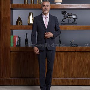 Yeni Şerit Ekose Düğün Damat Smokin Siyah Gri Zirve Yaka Groomsmen Erkek Yemeği Business Suits (Ceket + Pantolon) Su0100