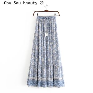Chu Sau Beauty Fashion Boho VintageプリントMidiスカート女性ホリデースタイル弾性ウエストタッセルレディースロングスカート210629