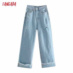 Tangada Summer Women Light Blue Ripped Loose Jeans Pants Long Trousers Pockets Buttons Female Pants 4M149 210609