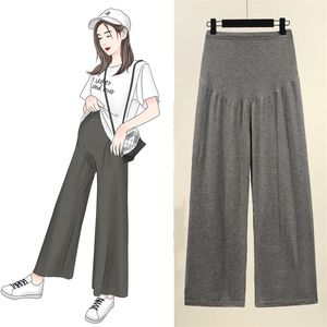 Pregnant Women Summer Thin Cotton Wide Leg Pants Loose Maternity Abdomen Trousers High Waist Pregnancy Full Length Belly 210918