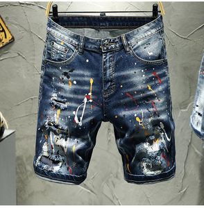 Men's Male Summer Painted Ripped Denim Shorts Streetwear Slim Holes Stretch Jeans Breec