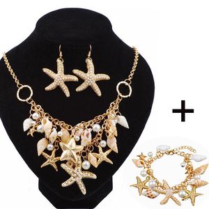Earrings & Necklace Starfish Sea Snail Bracelet Suit Pearl Shell Double Sautoir Charm Conch Seashell Drop Earring Jewelry Sets