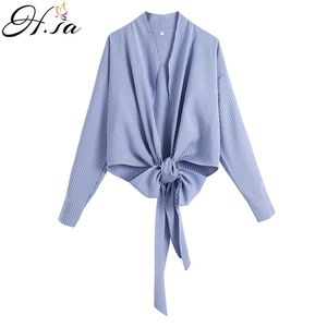 HSA Mulheres Casual Blusa e V Pescoço Aberto Stinth Laço Kimono Camisas de Manga Longa Primavera Verão Listrado Blusa Tops 210417