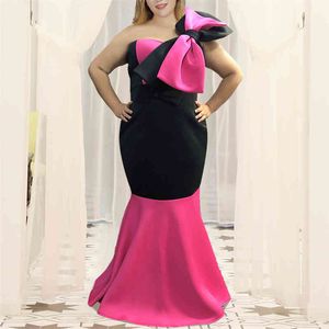 Plus Size Kobiety Party Dress Maxi Black Róst Red Color Block Tube Topy Sexy Big Bowtie Wydarzenie Okaza świętować Wieczór Long Robe 210416