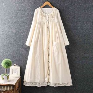 Lamtrip exclusivo estilo japonês mori menina camadas de laço retalhos soltos floresta romântica Único vestido de algodão breasted 210409