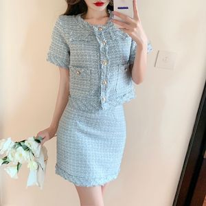 Summer Tweed 2 قطعة مجموعات نساء منفردة سترة قصيرة الأكمام الصدر + جاكيتات عالية الخصر Bodycon Mini Skirt Suit Office Ladies Suit 210519