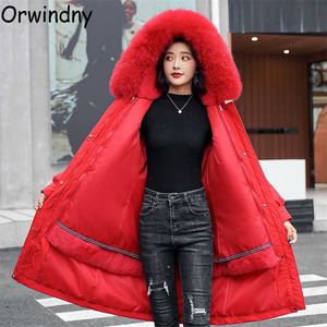 Orwindny Tjock Varm Parkas Fur Foder Snö Slitage Jackor Kvinnor Hooded Big Pockets Padded Coat Outwear Plus Size S-4XL Kläder 211216