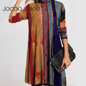 Jocoo Jolee Elegant Spring Long Sleeve Turtleneck Warm Mid Dress Women Vintage Print Loose Dress Plus Size 5xl A Line Dress 210619