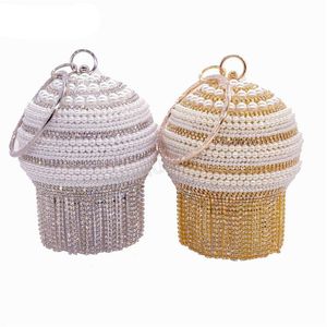 Elegant Tassels Women Round Bag Ball Purses Crysal Evening Clutch Bags Wedding Party Diamond Pearls Wristlets Handbags