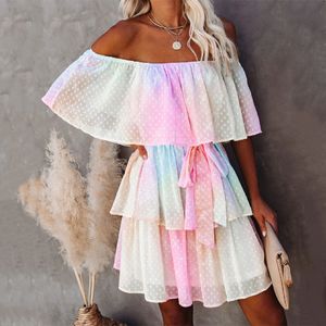 Hohe Qualität Sexy Bikini Cover-ups Boho Regenbogen Slash Neck Sommer Strand Kleid Tunika Frauen Strand Tragen Badeanzug Cover up