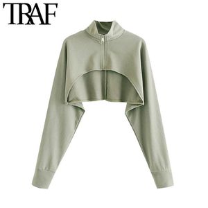 Traf Women Fashion with Zipper Asymmetric Croped Sweatshirt Vintage High Neck Long Sleeve Pullovers Chic Tops 210415