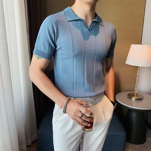 British Style POLO Shirts Men Knitting Short Sleeve Shirts Solid Color Lapel Business Casual Top Summer Social Clothing 210527