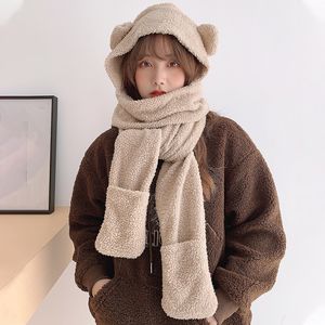 Vinter ny söt björn hatt halsduk en tre bit set förtjockad plysch varm bib student flicka mångsidig kvinnors mode och värme