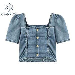 Cardigan Denim Blusas para as femininas Crop Tops Enrugado Projeto Quadrado Collar Sexy Slim Slim Sleeve Party Club Bar Camisas Feminino 210417