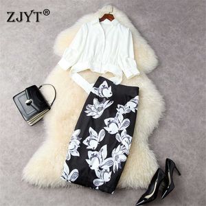 Мода летние взлетно-посадочные полосы женские урожая белая блузка и цветочный карандаш юбка набор 2 шт. Офис леди 210601