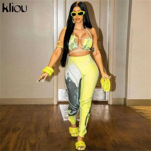 Kliou Art Print Two Piece Set Women Bandage Cleavage Slash Neck Crop Tops+Pants Matching Outfits Active Sexy Streetwear Clothing 211105