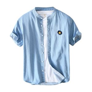 Blå Denim Kortärmad T-shirts För Män Sommar Tunn Jean Skjortor Godkvalitet Man Ren Bomull Casual Cowboy Shirts 210601