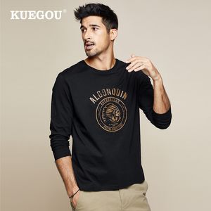 Kuegou Brand Men's Long Sleeve T-shirt Autumn Male Fashion 100% Cotton Blue Black Tshirt Spring Tight Tight Plus Size Size ZT-7750 210524